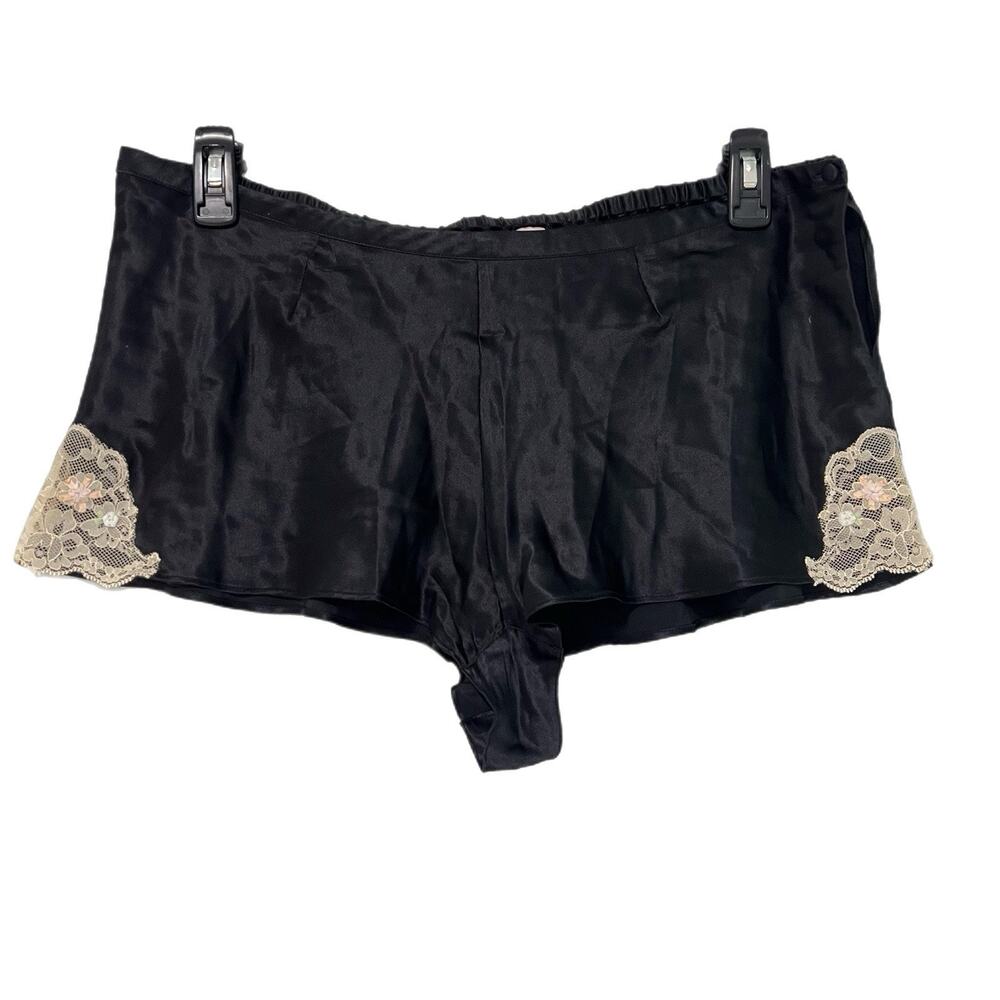 100% Silk Pajama Shorts Womens Large Black Lace Embroidery Elastic Waist Flowy